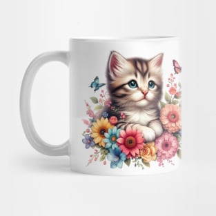 A cat decorated with beautiful colorful flowers. Mug